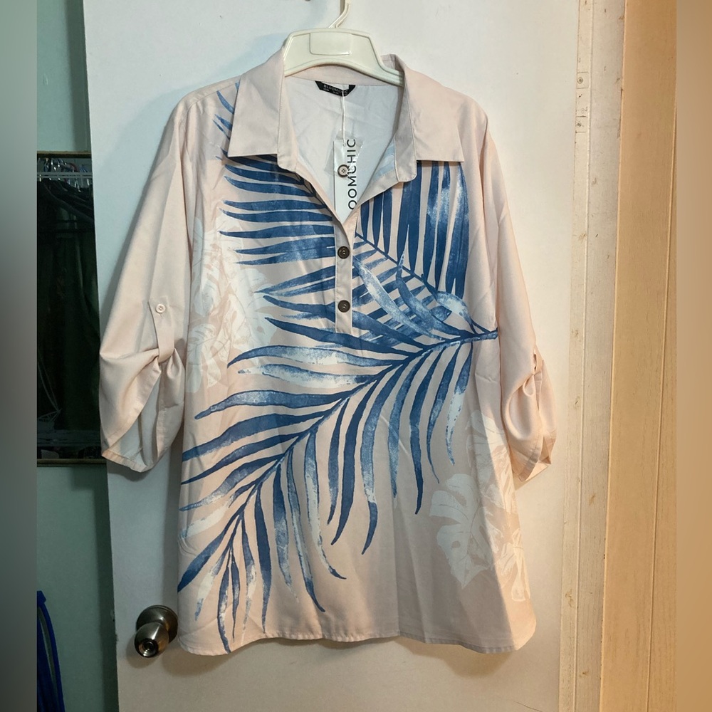 Blue and Cream Leaf Print Blouse